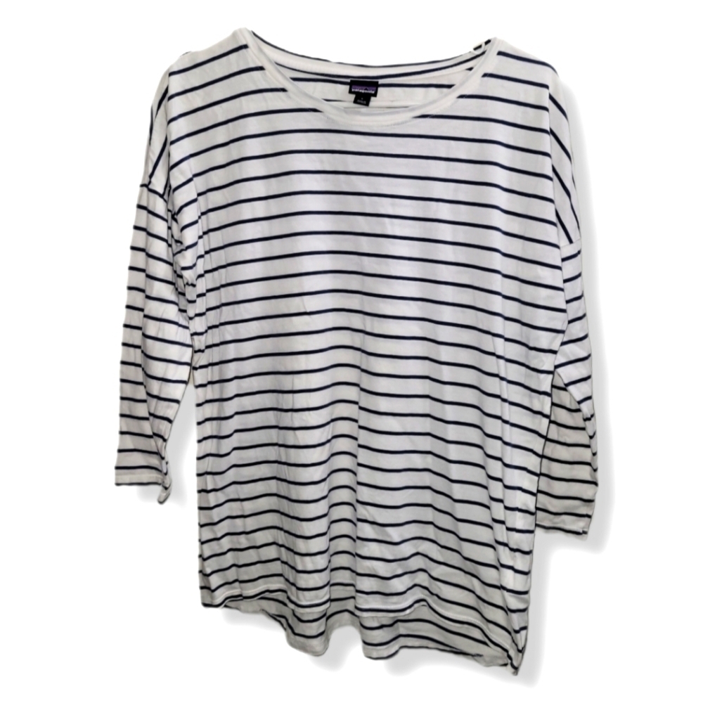 Patagonia Nautical Navy Blue And White Striped 3/4 Sleeve Long Sleeve T Shirt